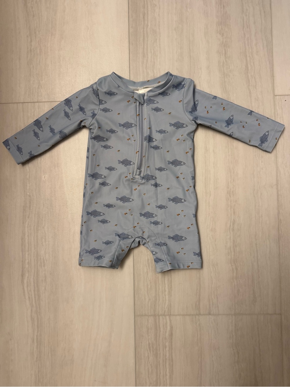 Light Blue Fish-Print Kids One-Piece Swim Suit with Front Zip